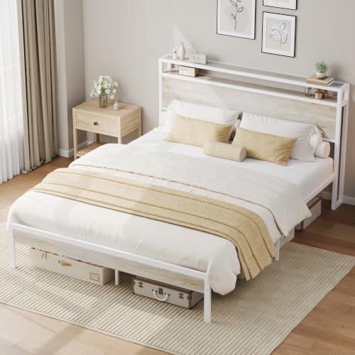 Image of LIKIMIO Full Size Bed Frame with 2-Tier Storage Shelf Headboard