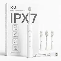 Escova de Dente Elétrica Sônica IPX7 À Prova D’água com 6 Modos Inteligentes de Limpeza 4 Cabeças e Carregamento USB (Branca)