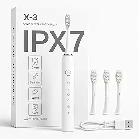 Escova de Dente Elétrica Sônica IPX7 À Prova D’água com 6 Modos Inteligentes de Limpeza 4 Cabeças e Carregamento USB (Branca)
