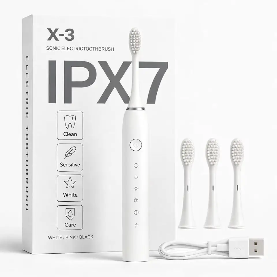 Escova de Dente Elétrica Sônica IPX7 À Prova D’água com 6 Modos Inteligentes de Limpeza 4 Cabeças e Carregamento USB (Branca)