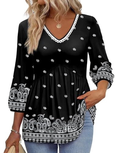 Image of OFEEFAN 3 /4 Length Sleeve Womens Tops 2026 Blouses for Women Dressy Casual Fashion Clothing V Neck Babydoll Tops Fall Outfits
