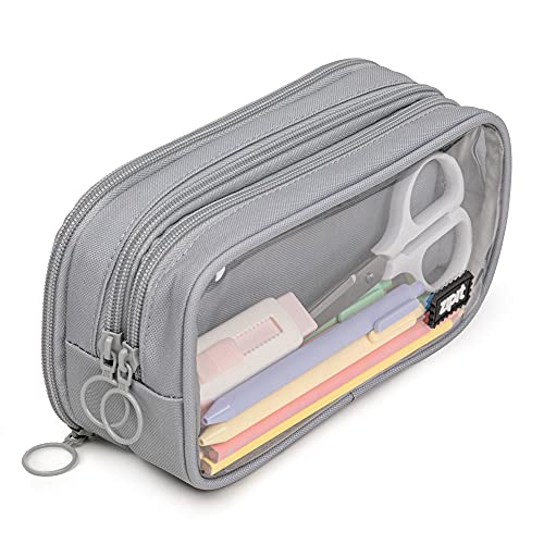 Image of ZIPIT Half & Half Pencil Case, 3 Compartment Zipper Pouch for School, Stationery Bag for Teen Girls Boys and Adults, Grey