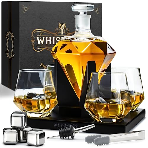 WHISISKEY Whiskey Karaffe Set - Whiskey Geschenkset - Geschenke für Männer - Männergeschenke Geschenk - Geburtstagsgeschenk Mann - Diamant Dekanter 1000ML, Geschenkbox, 4 Gläser, 4 Whisky Steine