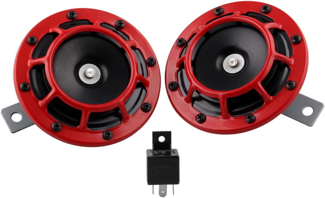 Car Horns with Relay 12v Auto Modification Super Loud Motorcycle Trumpet Set High Low Tone Red Pair with Relay for Cars Trucks Motorbikes