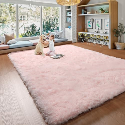 SAZAMI Fluffy Soft Shag Area Rug 3x5 Pink Fuzzy Non-Slip Accent Rug for Bedroom, Cute Small Furry Thick Throw Rugs for Nursery Playroom Dorm Bedside, Plush Carpet Aesthetic for Girls Baby Kids Teens