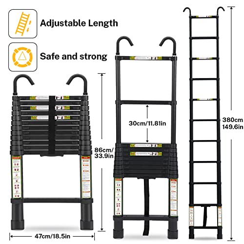 RIKADE Telescopic Ladder, 12.5 ft Aluminum Telescoping Ladder with Non-Slip Feet and Stable Hook, Portable Extension Ladder for Household and Outdoor Working, Max Load 330 lb, Black by RIKADE - Image 2