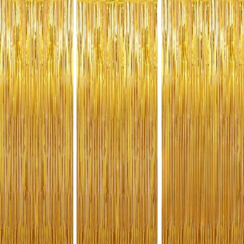 Lametta Vorhang Gold 3 Stück (1m x 3m), Glitzervorhang Metallic Vorhänge Folie Fransen Dekoration für Party Deko Geburtstagsfeier Foto Hintergrund Hochzeit Bühnendekor Disco Weihnachten Baby