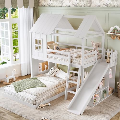 Image of Bellemave Twin Over Full House Bunk Bed with Slide and Storage Shelves for Kids,Solid Wood Floor Bunk Bed Frame with Wardrobe and Inclined Ladder for Girls Boys,White