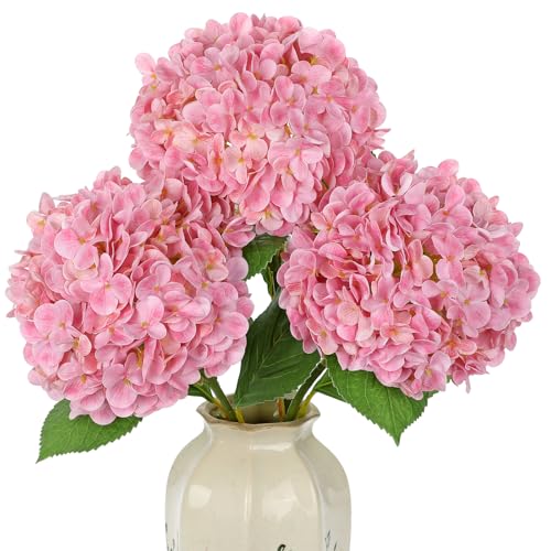 Briful 25.5" Artificial Hydrangea Flowers Long Stem - Real Touch Pink Artificial Flowers with 7.8" Large Flower Heads, Set of 3 Faux Hydrangea Plants for Vase, Living Room, Wedding Decor