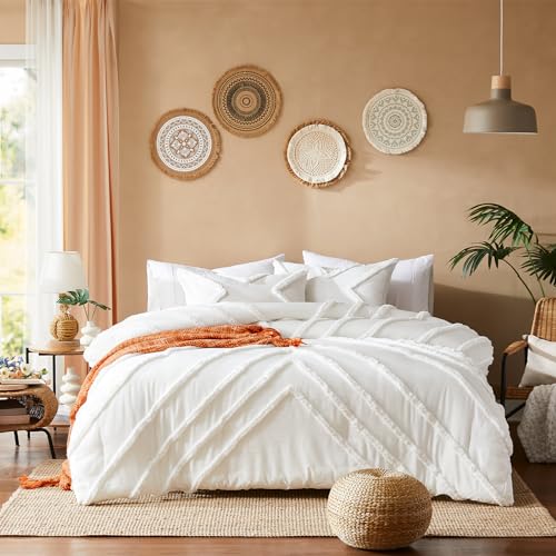 Image of Cupocupa Queen Comforter Set Ivory Tufted Comforters Sets Bedding for Queen Bed 3PCS Boho Comforter Soft Fluffy Lightweight Comforter with 2 Pillow Cases for All Season