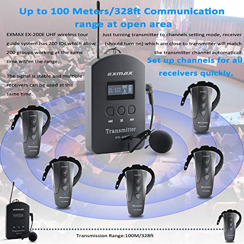 EXMAX EX-200E Transmisor y receptor de audio inalámbrico UHF para voz, sistema para interpretación simultánea en iglesias y áreas sensibles al ruido - 1 transmisor y 3 receptores miniatura 5