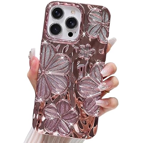 Skyseaco for iPhone 15 Pro Max Case, Luxury Bling Plating Floral Phone case Cover Soft TPU Cute Flower Shockproof Anti-Scratch Protection Case iPhone 15 Pro Max Phone Case for Women 6.7 Inch -Pink Cover