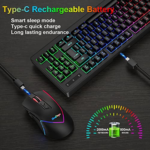Bluefinger Wireless Gaming Keyboard And Mouse Combo, Long Lasting Rechargeable Battery 87 Keys Rgb Rainbow Backlit Gaming Keyboard & Ergonomic Light Up Gaming Mice For Mac Laptop Computer Pc Gamer #TOP2