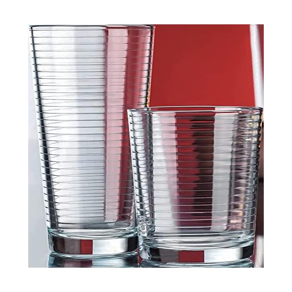 Le'raze Set of 16 Heavy Base Ribbed Durable Drinking Glasses Includes 8 Cooler Glasses (17oz) and 8 Rocks Glasses (13oz) - Clear Glass Cups - Elegant Glassware Set. Cordial Glasses