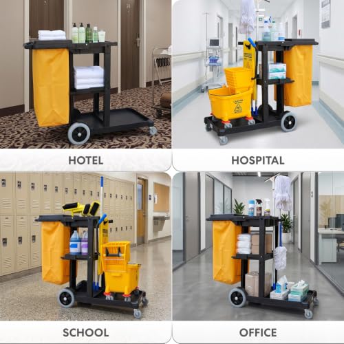 Image of Simpli-Magic Janitorial Cart, 330 lbs Capacity - 3-Shelf Commercial Housekeeping Cleaning Cart on Wheels, 25 Gallon Bag with Lid - Stable, Smooth Movement