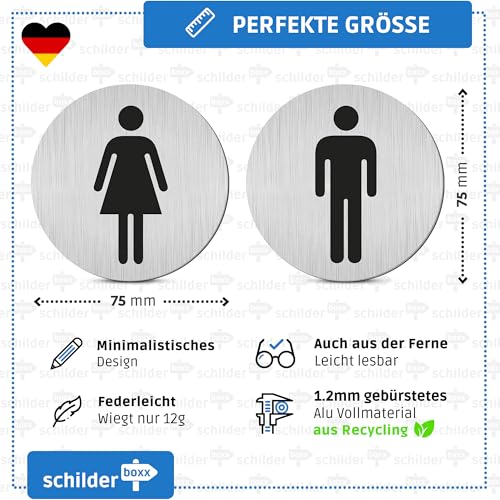 SCHILDERBOXX® WC Schild Selbstklebend - 2er Set Toilettenschild Damen und Herren [Ø75mm, 100% Alu, 3M Tape] – Türschild Toilette Aufkleber Tür, WC-Schilder, Toilettenschilder