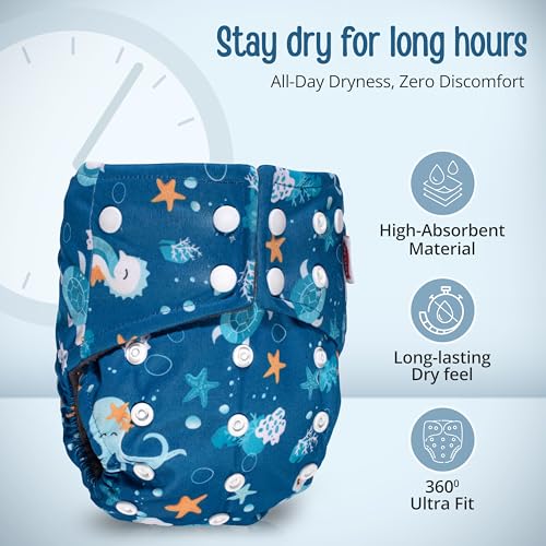 Image of LuvLap Reusable Baby Cloth Diaper, Double Leak Guard, High Absorption, Quick dry, Stain-Proof Comfort & Protection, 3m+, adjustable waist & height with snap buttons, Absorbent insert, Blue Stars