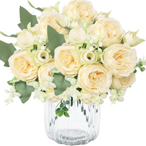 TENGWA 3 Bouquets Pivoine Artificielle 32cm Bouquet de Fleurs Artificielles Champagne Wedding Fleur en Soie Convient pour Mariages Décoration Intérieure...