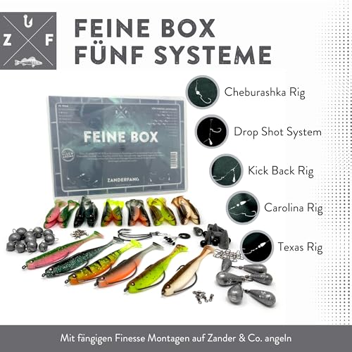 Foto von Zanderfang Finesse Angelset 95-teilig – Gummiköder Set mit 30 Gummifischen, Offset-Haken & Box – Drop Shot, Texas Rig, Carolina Rig, Cheburashka, Kick Back – Für Zander & Barsch