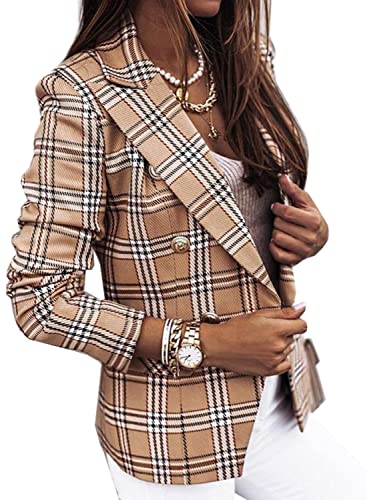 futurino Women's Casual Blazer Front Open Long Sleeve, Double Breasted Blazer Vintage Print Plaid Slim Suit for Women
