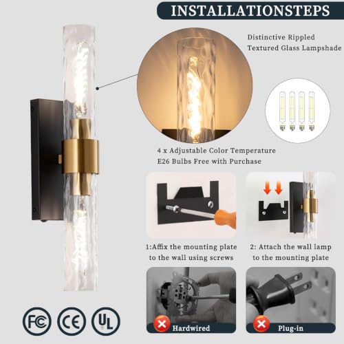 Image of Rechargeable Wall Sconce Set of 2, Battery Operated Wall Sconce, Wireless Wall Lamp with Water Ripples Glass Tube, Non-Hardwired Wall Sconces, Modern Vanity Light Fixtures for Bedroom, Hallway, Aisle
