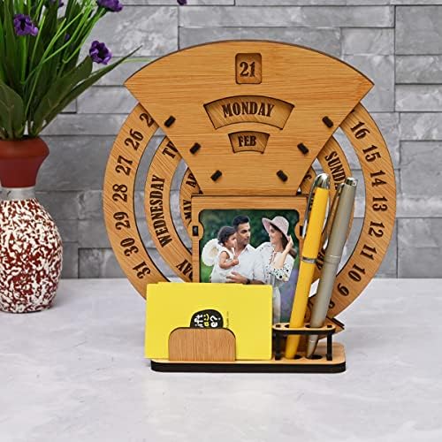 GKD Calendar of lifetime, calendar desk organizer round table calendar 2025-2026 premium antique look for office decor, wooden calender also corporate gifts (Bamboo Eco friendly)