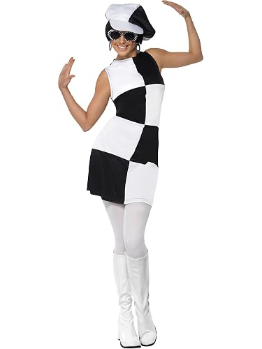 Smiffys Disfraz de fiesta chica años 60, negro y blanco, con vestido y sombrero Halloween, Carnaval