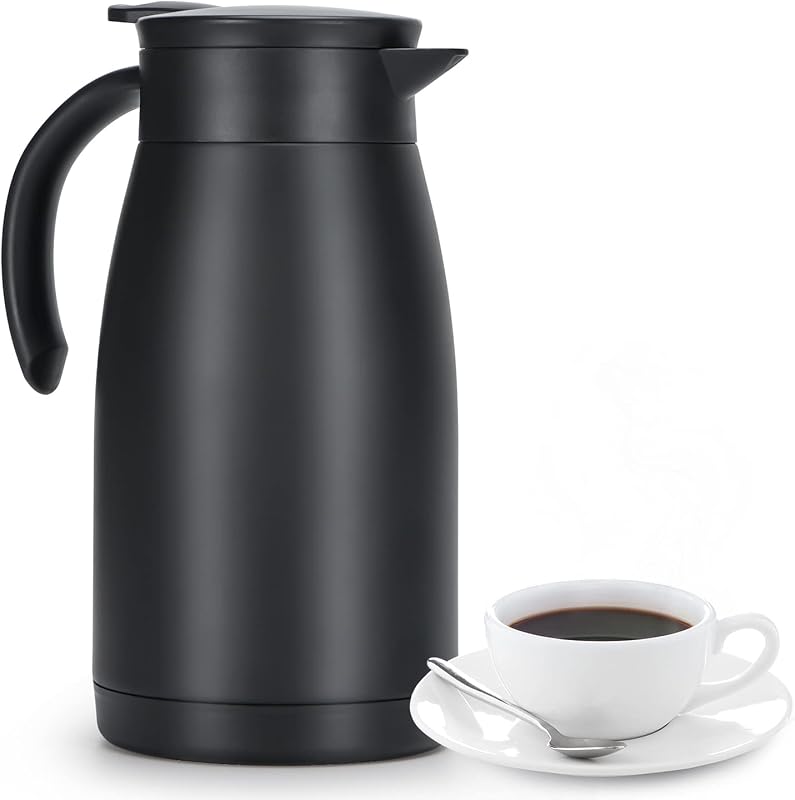 34oz Black Stainless Steel Thermal Coffee Carafe for Home Office | Insulated Vacuum Stainless Steel Keeps Drinks Hot; 1 Liter Dispenser Ideal for Tea, Water & Coffee for Daily Office Use