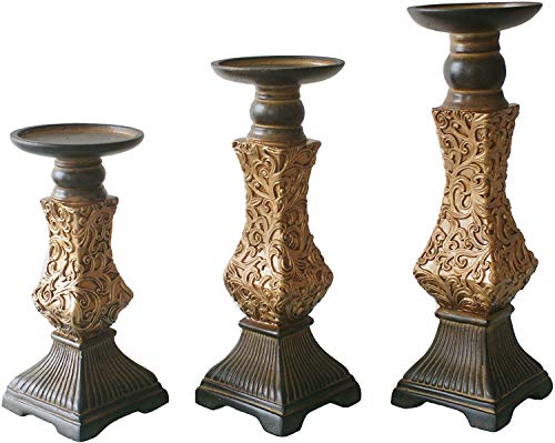G-mart Set of 3 Gold Resin Pillar Candle Holders -12" H,10" H,8" H,Ideal for LED and Pillar Candles - Thumbnail 6
