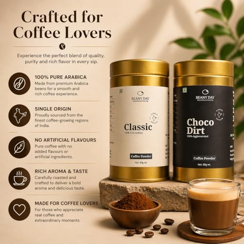 Image of Free Frother | Beany Day Instant Coffee Duo - Choco Mocha Dirt (100% Agglomerated) & Classic 100% Pure Arabica (80g x 2) | No Chicory | Strong Cafe-Like Taste at Home