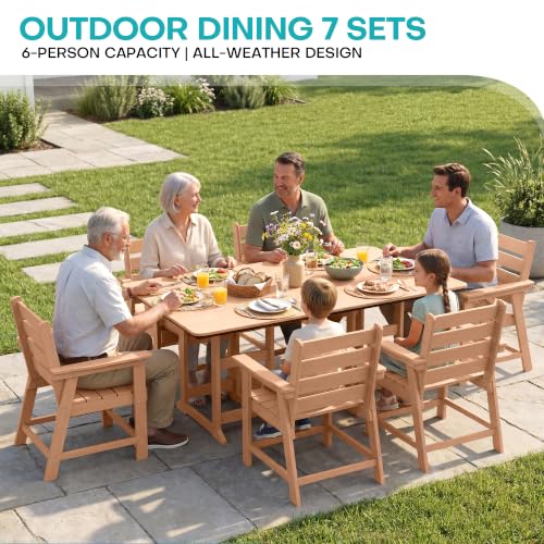 Image of 7-Piece Dining Set, HDPE Table & 6 Chairs,Cedar | HDPE Dining Set: 69.1 inch Table + 6 Chairs, 380 lbs, 304 Stainless, All-Weather, No Rust No Crack, Outdoor Patio Garden