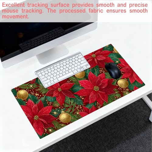Image of Nuxovilar Professional Large Mouse Pad & Computer Game Mouse Mat (35.4x15.7IN, Christmas Poinsettia & Gold Ornaments) (90 * 40cm Christmas Theme)