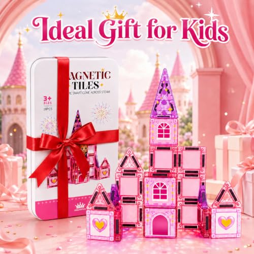 Image of Mini Magnetic Tiles 28PCS Princess Castle Pink Set for Kids Ages 3+