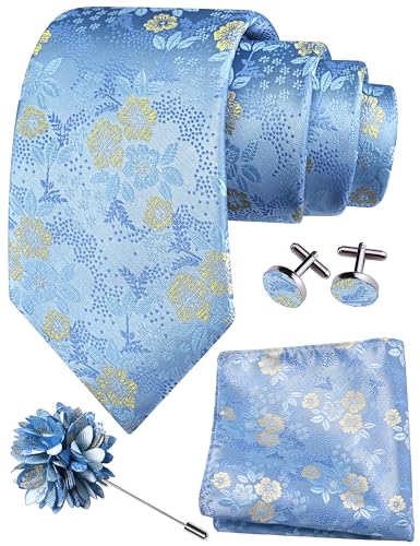 Image of GUSLESON 3.15 inch(8cm) Mens Floral Tie and Lapel Pin Necktie Hankerchief Cufflinks Set for Men