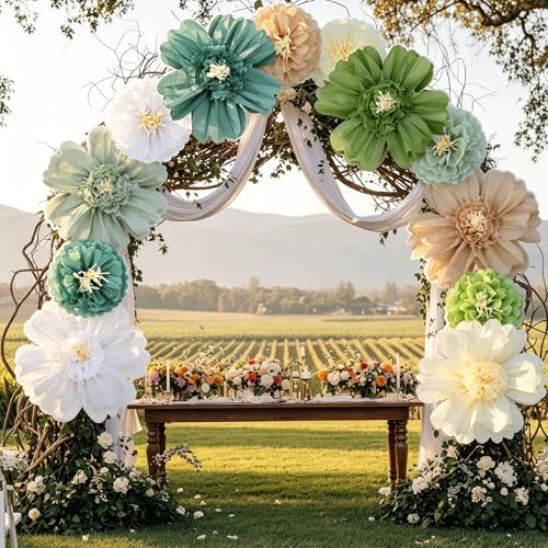 Image of Crowye 12 Pcs Large Colorful Tissue Paper Flowers Decorations Giant Fiesta Craft Crepe Paper Flowers for Wall Decor Backdrop Mexican Wedding Birthday Carnival School Party (10'' 20'',Green Color)