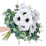 10 Pcs Artificial Anemone Poppy White Flowers and Green Eucalyptus Stems Decor Fake Silk Flowers Greenery Branches Leaves Faux Flowers Floral Arrangements for Wedding Bouquet Garland Vase Centerpiece