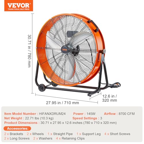 Image of VEVOR Drum Fan, 24 Inch 8700 CFM High Velocity Heavy Duty Floor Shop Fan, 3-Speed, 5ft Cord, 360Adjustable Tilting, Commercial Industrial Use for Warehouse, Workshop, Factory, Basement