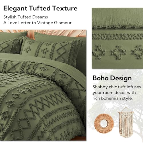 Image of MR&HM Olive Green Boho Comforter Set Queen, Tufted Boho Bedding Set, Farmhouse Shabby Chic Bed in a Bag with 1 Comforter, 2 Pillow Shams, 2 Pillowcases, 1 Flat Sheet, 1 Fitted Sheet for All Seasons