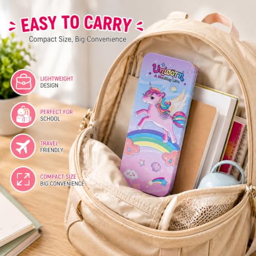 Image of WISHKEY Unicorn Pencil Box for Kids, Large Metal Pencil Case with Multiplication Table, Durable Tin Pencil Box for Girls, Cute Stationery Storage Box for School, Pen Pencil Organizer Purple