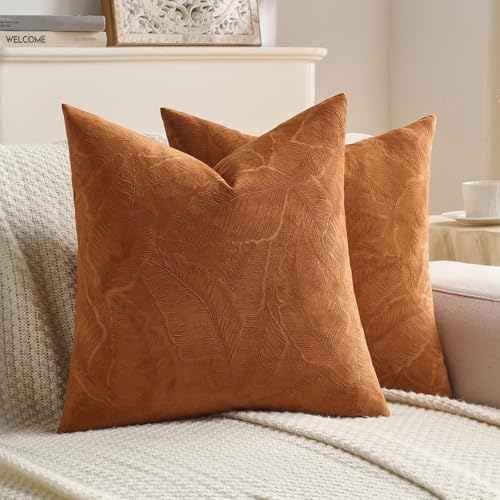 Image of FUTEI Pack of 2 Velvet Throw Pillow Covers 24x24 Inch Soft Embossed Leaf-Relief Textured Decorative European Cushion Cases Modern Natural Farmhouse Accent for Couch Bed Living Room, Rust