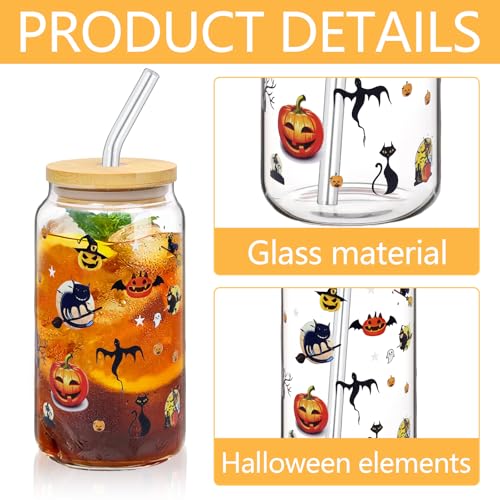Halloween Tasse, 500ml Trinkbecher mit Deckel und Strohhalm, Kürbis Glas, Halloween Becher Gläser,Trinkglas, Herbst Kürbis Geist Glas Tasse für Frauen Halloweens Thanksgiving Party Geburtstag Geschenk