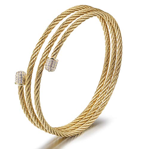 CIUNOFOR Cable Bracelet for Women Girl Gold Plated Inspired Antique Stainless Steel Twisted Open Cubic Zirconia Bangle