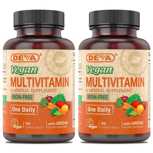 DEVA Vegan Multivitamin and Mineral Supplement - One Daily Vitamin Formula with Greens - Iron Free - 90 Coated Tablets (Pack of 2)