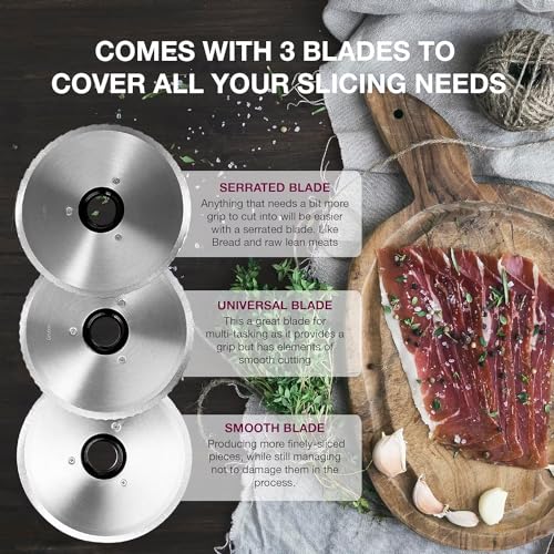 Andrew James Meat Deli Slicer Electric Food Slicer for Bread, Meat, Cheese & Sunday Carvery | Meat Cutting Machine with 3 Interchangeable 19cm Blades | Plastic Pusher, Blade Guard, Non-Slip Feet 150W - Image 2