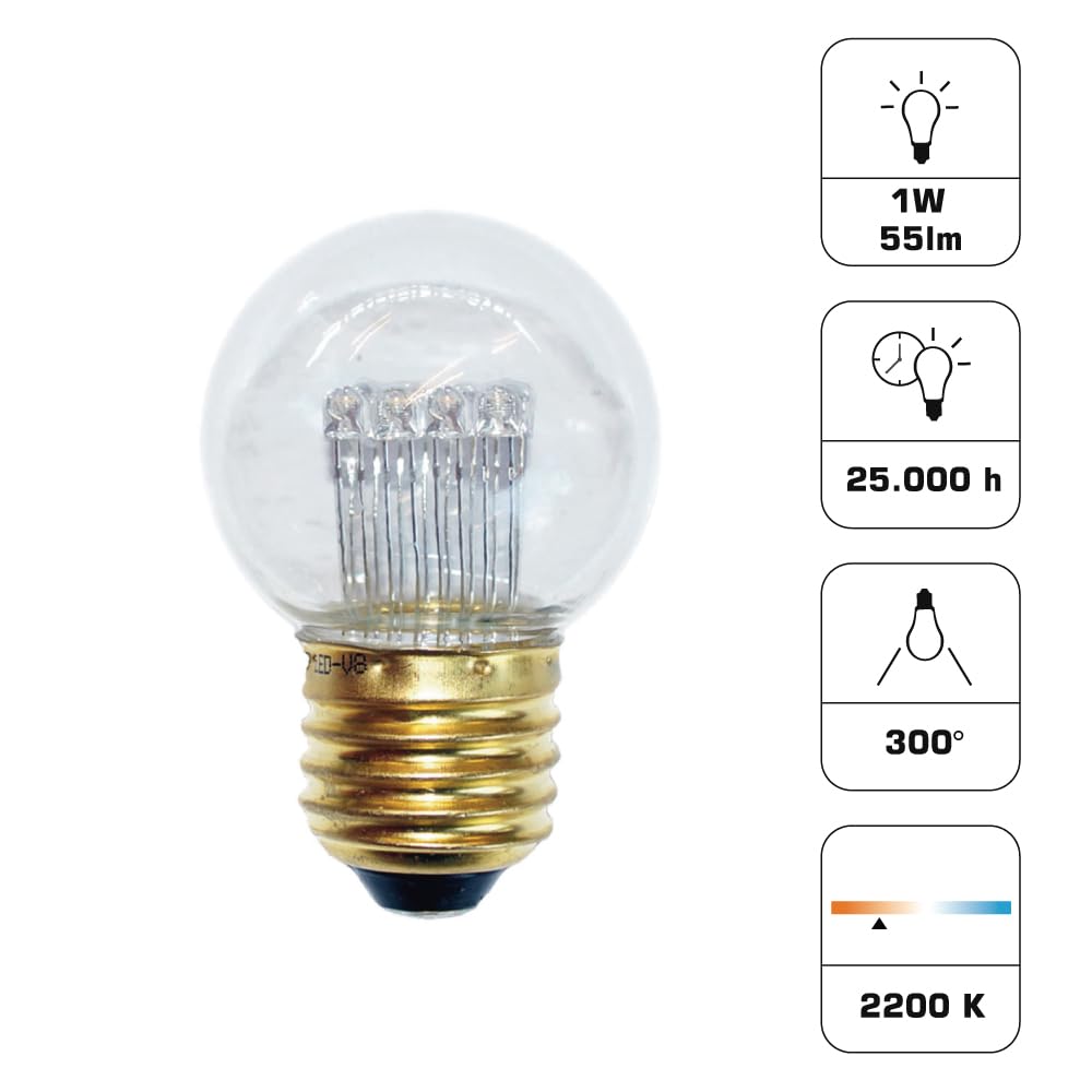 1 x /10 x /100 x LED gota 5 + 4 1 W E27 transparente plástico blanco cálido para exterior bola bombilla, 100 unidades, E27