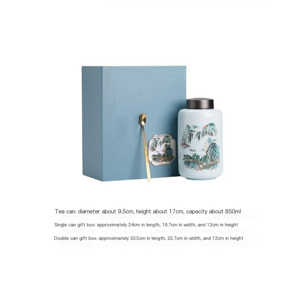 Lata de té Tanque de Almacenamiento té Grande cerámica con Pintura Tinta, Tanque Sellado en Espiral aleación, Caja Regalo Simple y Doble Carrito de té(Single Can Gift Box)