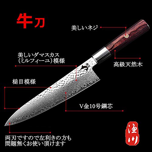 漁川 牛刀包丁 67層ダマスカス牛刀包丁 VG10槌目包丁 刃渡り195ｍｍ 高級紅檀八角柄 7枚目