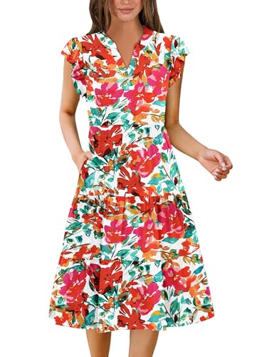 Image of ZEAGOO Womens Summer Casual Dresses Ruffle Sleeve V Neck Midi Dress Flowy Tiered Dress with Pockets Boho Sundresses