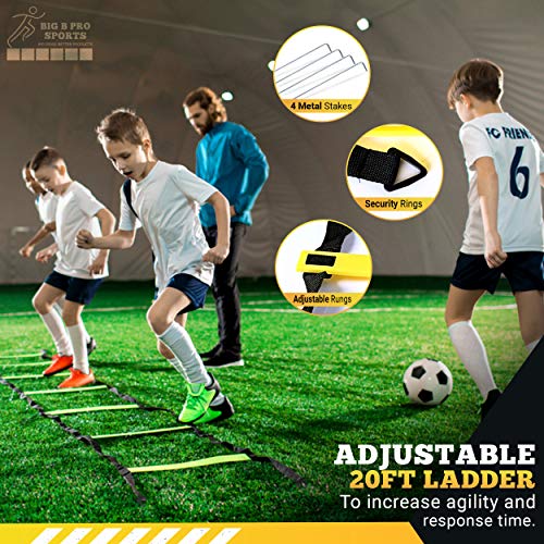 Big B Pro Sports Speed Agility Training Set - Includes Ladder, 10 Cones with Holder, Running Parachute, Jump Rope, Resistance Bands - for Training Football, Soccer, and Basketball Athletes (Yellow)