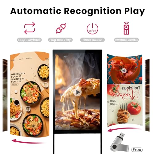 Image of 43 inch Digital Signage Display Kiosk Indoor Floor Standing Advertising Black | 4K Android 14 4 + 32 Storage, USB WiFi HDMI Bluetooth Input, Smart Split Screen, Free CMS, 700 Nits, Life over 50,000 hours